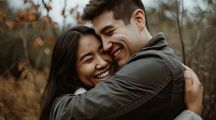Fototapeta premium A happy couple hugging after getting engaged, with joyful expressions. 