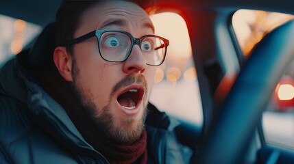 A man with glasses exhibits a shocked expression while driving a car, his mouth wide open in surprise. The image captures the intense emotion and unexpected reaction, perfect for themes involving