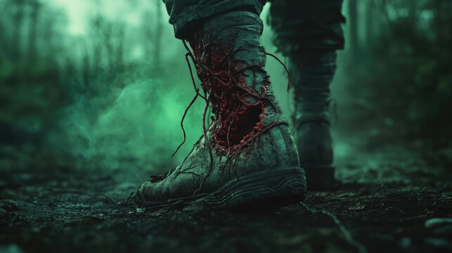 A close-up of a festering zombie bite on someone's ankle, infection rapidly spreading.