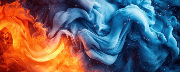 Spectacular blue and orange liquid ink swirling and churning together, with realistic textures and intricate 3D detail, evoking a sense of motion and depth