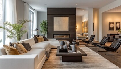 Fototapeta premium Modern Living Room with White Sectional Sofa, Fireplace, and Black Leather Chairs