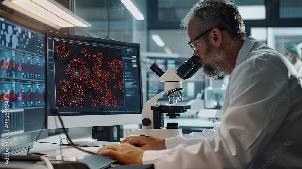 Poster a researcher using a microscope with a computer screen displaying detailed biological images.