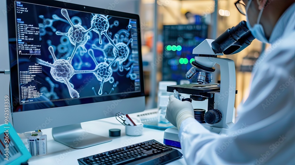 Poster a researcher using a microscope with a computer screen displaying detailed biological images.