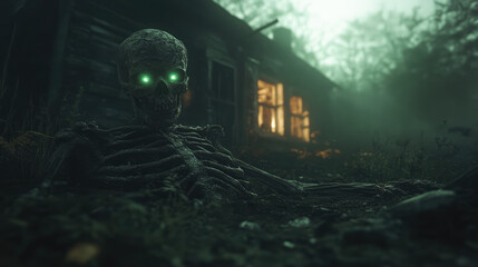 Obraz premium A skeleton is laying in a swamp with green eyes