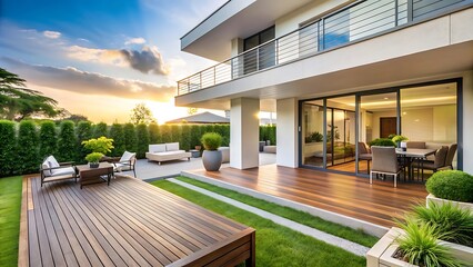 Fototapeta premium Outdoor modern terrace with chair and table with garden background, furniture chairs seating on a residential house terrace.