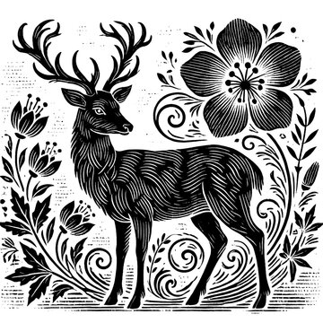 recommend clip art: Black and White Deer Illustration with Floral Elements and Ornamental Design