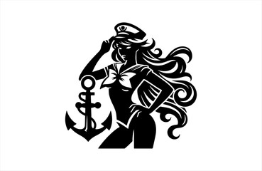 Obraz premium sailorwoman model girl illustration of black shape silhouette vector design