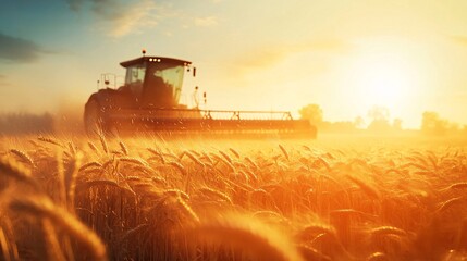 Fototapeta premium A golden sunset casts a warm glow over a tractor harvesting wheat in a rural field.