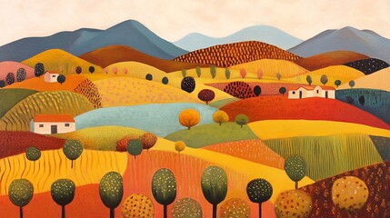 A vibrant, colorful landscape featuring rolling hills and quaint homes, evoking a serene countryside vibe.