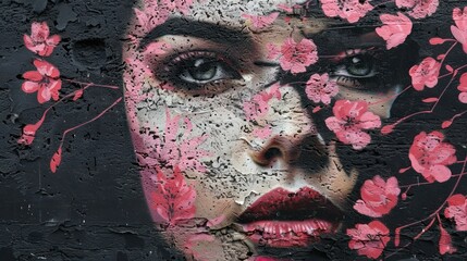 Feminine Flair: A Wall Mural of a Woman's Face and Floral Design in Black and Pink Paint