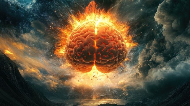 Concept art of a human brain exploding with knowledge and creativity