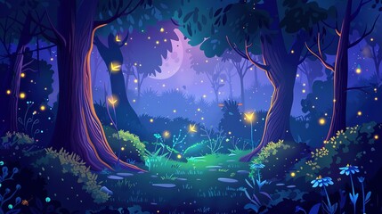 Obraz premium Fantasy Dark Woodland Scenery Under Moonlight: Magic Fairy Forest with Clearing Among Trees and Bushes Featuring Fantastic Glow at Night and Mystery Sparks of Firefly and Plants