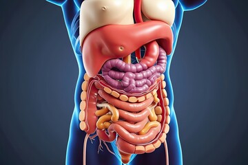 3D Illustration of Human Stomach Anatomy and Digestive System with Internal Pain Concept