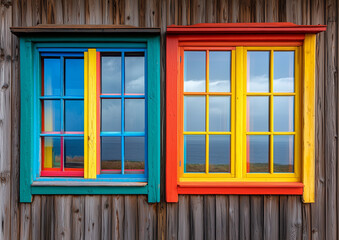 Frontal view of the colorful windows of a wooden house by the sea.