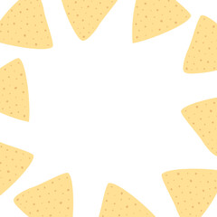 Nachos square frame border with copyspace. Isolated Decorative background texture Lettering template