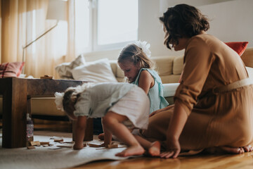 A mother spending quality time with her two daughters, playing on the floor in a bright and cozy living room. The atmosphere is warm and nurturing.