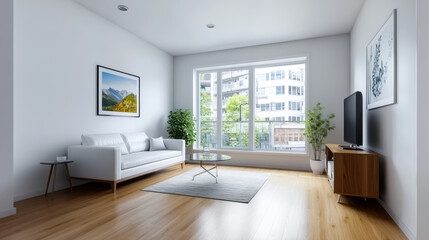 Fototapeta premium Contemporary living room with a white sofa, modern furniture, and large window offering a scenic city view, filled with natural light.