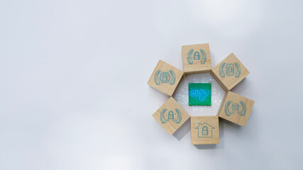 A wooden block with a green chip on it is surrounded by six other wooden blocks