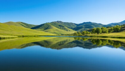 A Serene Mountain Lake Reflecting the Lush Green Hills Under a Clear Blue Sky