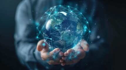 A businessman holding a glowing globe with intricate network lines symbolizing connections to big data analytics, data mining, predictive insights, and data visualization, representing global data flo