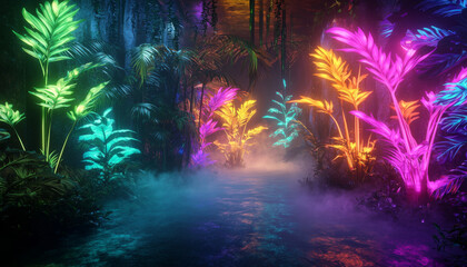A vibrant, illuminated jungle scene with colorful plants and mist, creating a mystical atmosphere.