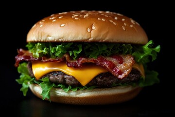 Cheeseburger with bacon, cheese and lettuce on black background with generative ai