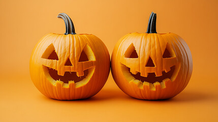 Halloween Concpept ,Two Carved Jack-O'-Lantern Pumpkins on an Orange Background