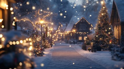 Snowy Christmas Village Street with Illuminated Christmas Tree and Lanterns