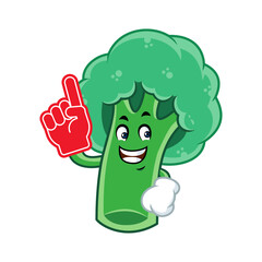 Cute and cheerful cartoon broccoli mascot wearing a foam finger, promoting healthy eating habits.