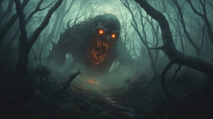 A monster with glowing red eyes and a mouth that is open wide