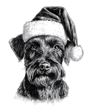 recommend clip art: Black and white Vintage engraved art of a Scottish Terrier wearing a Christmas Santa hat, isolated on white background, ink sketch illustration, simple vector art design, highly detailed line art