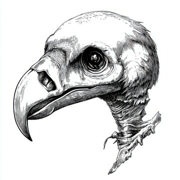 recommend clip art: Black and white Vintage engraved art of a vulture skull, isolated on white background, ink sketch illustration, simple vector art design, highly detailed line art, high contrasty