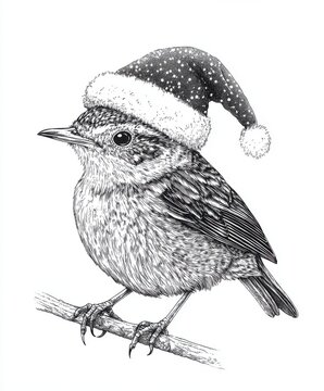 recommend clip art: Black and white Vintage engraved art of a Wren wearing a Christmas Santa hat, isolated on white background, ink sketch illustration, simple vector art design, highly detailed line art