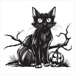 Black cat with big eyes isolated on white background. Vector illustration.