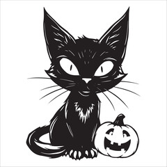 Obraz premium Black cat with big eyes isolated on white background. Vector illustration.