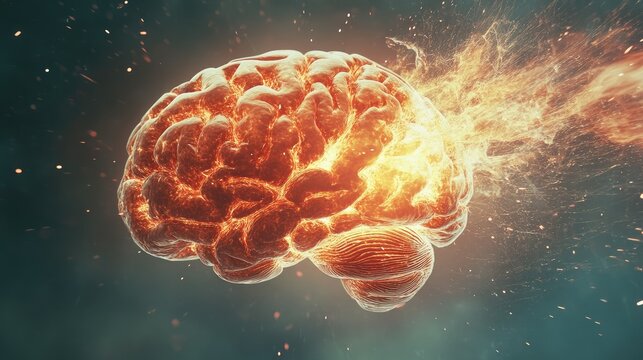Concept art of a human brain exploding with knowledge and creativity