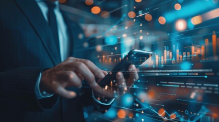 Businessman using a smartphone for global internet connection, leveraging digital marketing, financial services, banking, and big data technologies for business and digital link applications.