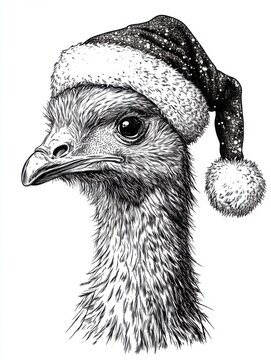 recommend clip art: Black and white Vintage engraved art of Rhea with a Christmas Santa hat, isolated on white background, ink sketch illustration, simple vector art design, highly detailed line art, high contrasty -