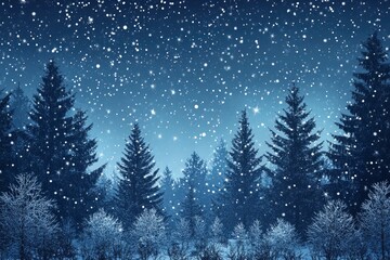 Fototapeta premium Christmas Background,Winter Night sky dark blue with starry,snowy in woodland landscape with firs,coniferous forest pine and falling snow,Vector Banner for Xmas, with generative ai