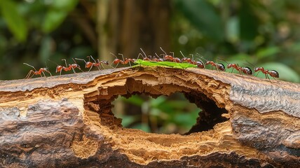 Fototapeta premium A group of ants are walking on a tree trunk. made with generative Ai 
