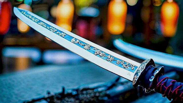 a sword  with  a blue handle  and  a black hilt