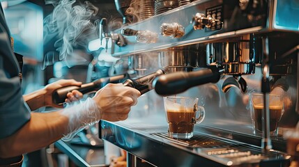 Professional barista pulling a shot of espresso, steam rising from the coffee machine. 