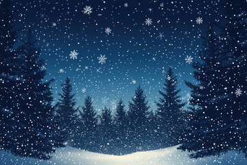 Christmas Background,Winter Night sky dark blue with starry,snowy in woodland landscape with firs,coniferous forest pine and falling snow,Vector Banner for Xmas, with generative ai