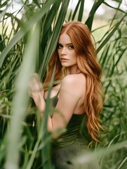 Fototapeta premium Redhead Woman in Green Dress Posing in Lush Greenery