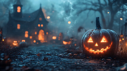 Fototapeta premium Spooky Halloween Night: Haunted House, Creepy Pumpkins, and Eerie Ghosts for Your Seasonal Projects