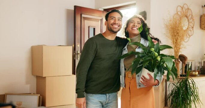 Couple, real estate and front door of new home with investment opportunity, property relocation and plant. Homeowner, people and excited in entrance of dream house for mortgage success and moving in