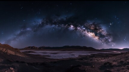 Naklejka premium Expansive salt flats in the desert beneath a clear, star-filled sky with the Milky Way prominently displayed. The barren, textured landscape and cosmic view offer a stunning, remote setting ideal for