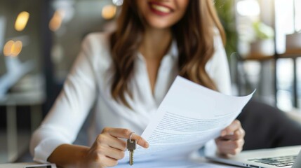 A close-up shot of a smiling realtor holding keys and documents, offering them to a client while showing the keys to the camera, symbolizing a successful real estate deal.