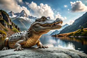 Crocodile on a Rock by a Lake with Mountain Backdrop