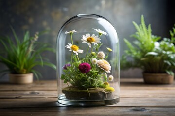 Colorful floral arrangement in glass terrarium on wooden table in daylight